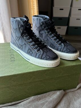 Gucci Gray GG Monogram High-Top Sneakers with Black Laces